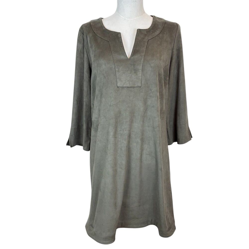 Gretchen Scott‎ Tunic Dress Sz XL Green-Gray Faux Suede V Neck 3/4 Sleeve Shift